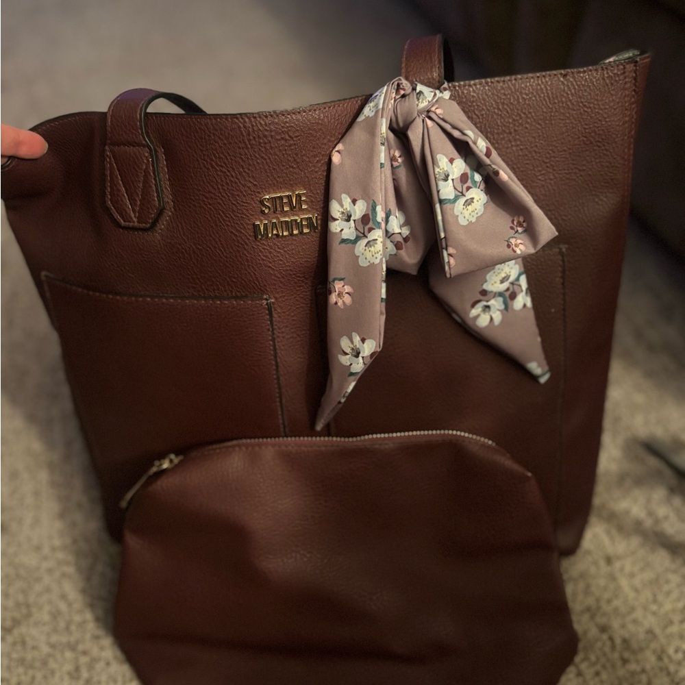 Steve Madden 2-Piece Burgundy Tote with Floral Accent